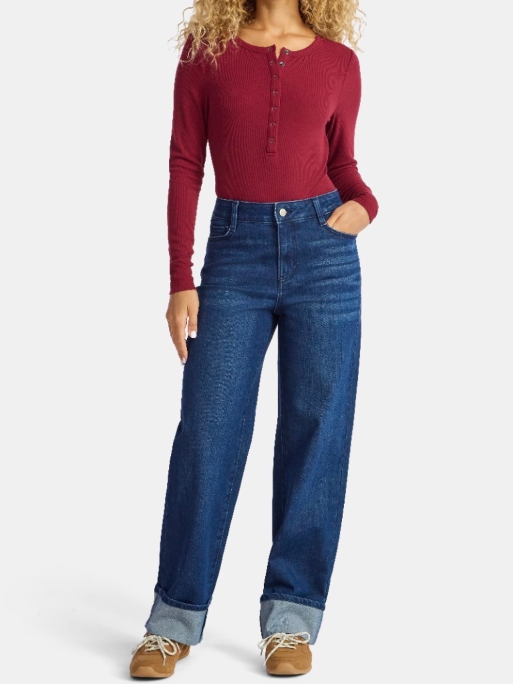 Time and Tru Women's High Rise Straight Jeans with Cuffs, 29" Inseam